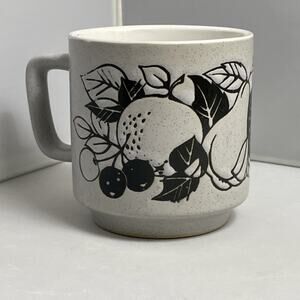 Vintage Fred Roberts Japan Stoneware‎ Coffee Mug Gray Black Embossed Fruit Retro
